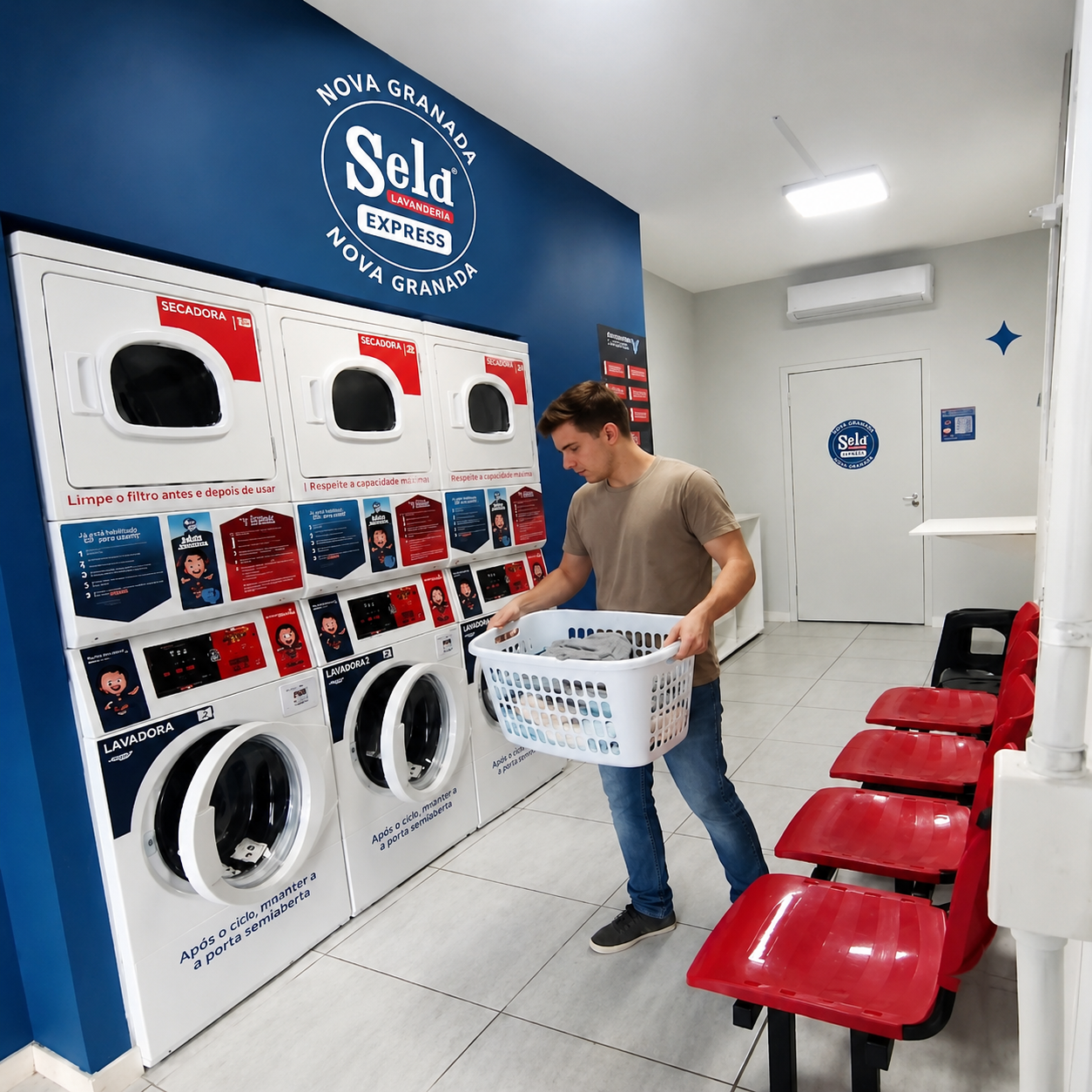 Cliente com cesto de roupas em frente às lavadoras e secadoras da SELD Lavanderia Express Nova Granada